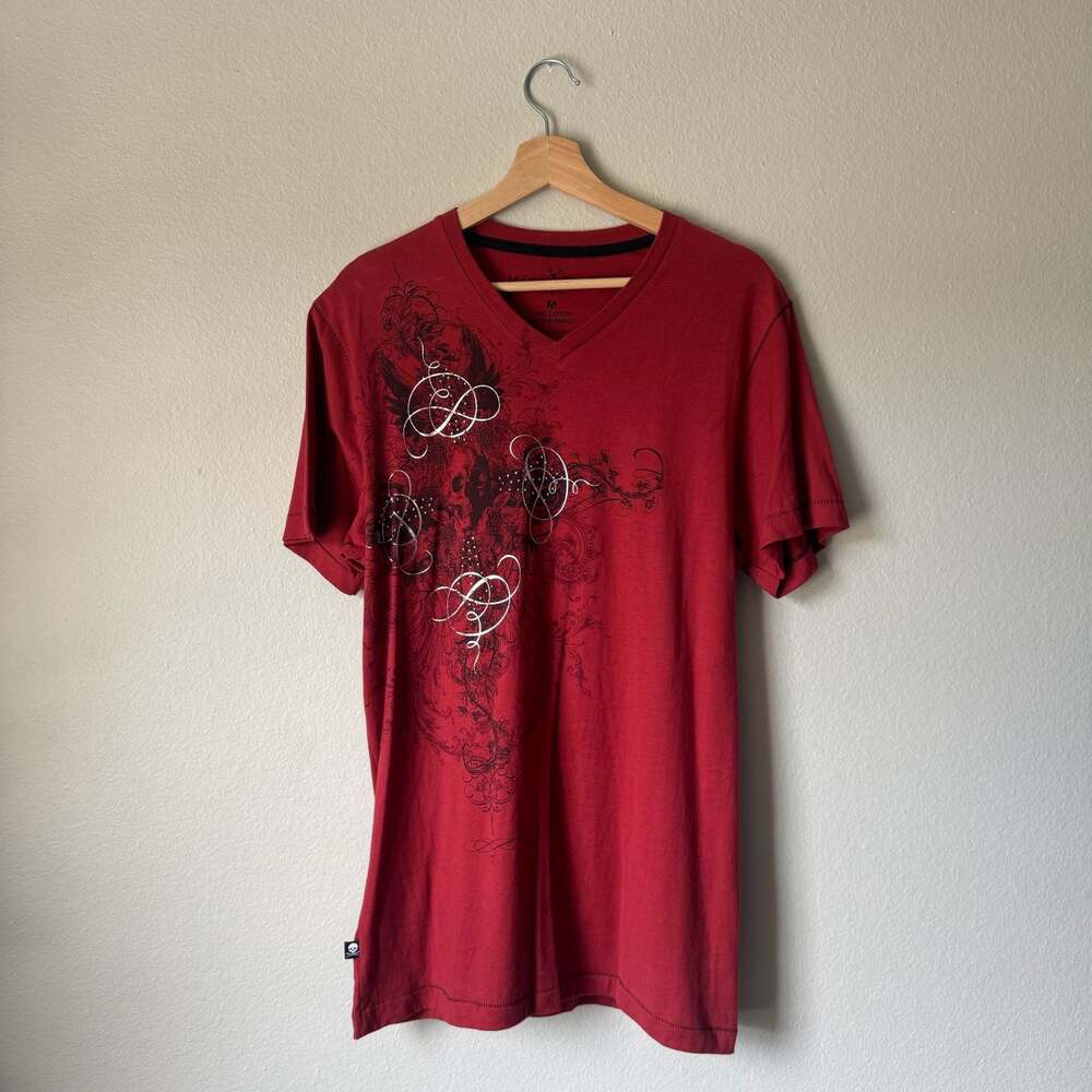 Y2K Marc Ecko Cut & Sew Skull Graphic Studded V Neck T Shirt Medium